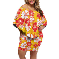 Yellow Hawaii Hibiscus Family Matching Off Shoulder Short Dress and Hawaiian Shirt Tropical Flowers Seamless Pattern - Polynesian Pride