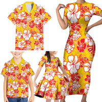 Yellow Hawaii Hibiscus Family Matching Short Sleeve Bodycon Dress and Hawaiian Shirt Tropical Flowers Seamless Pattern LT14 - Polynesian Pride