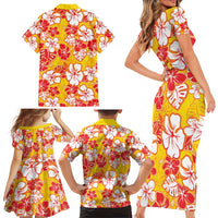 Yellow Hawaii Hibiscus Family Matching Short Sleeve Bodycon Dress and Hawaiian Shirt Tropical Flowers Seamless Pattern LT14 - Polynesian Pride