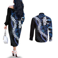 Polu Aloha Hawaii Lei Couples Matching Off The Shoulder Long Sleeve Dress and Long Sleeve Button Shirt Tropical Flowers Elegant Vibe - Polynesian Pride
