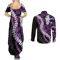 Poni Aloha Hawaii Lei Couples Matching Summer Maxi Dress and Long Sleeve Button Shirt Tropical Flowers Elegant Vibe - Polynesian Pride