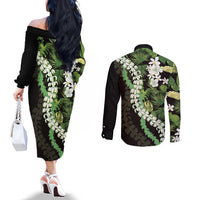Omaomao Aloha Hawaii Lei Couples Matching Off The Shoulder Long Sleeve Dress and Long Sleeve Button Shirt Tropical Flowers Elegant Vibe LT14 - Polynesian Pride