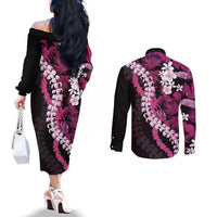 Akala Aloha Hawaii Lei Couples Matching Off The Shoulder Long Sleeve Dress and Long Sleeve Button Shirt Tropical Flowers Elegant Vibe - Polynesian Pride