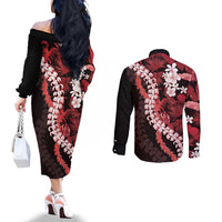 Ulaula Aloha Hawaii Lei Couples Matching Off The Shoulder Long Sleeve Dress and Long Sleeve Button Shirt Tropical Flowers Elegant Vibe - Polynesian Pride