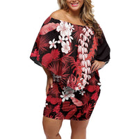 Ulaula Aloha Hawaii Lei Family Matching Off Shoulder Short Dress and Hawaiian Shirt Tropical Flowers Elegant Vibe LT14 Mom's Dress Red - Polynesian Pride