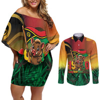 Vanuatu Independence Day Couples Matching Off Shoulder Short Dress and Long Sleeve Button Shirt Chibi Boar Proud To Be A Ni-Van
