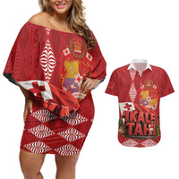 Tonga Rugby Custom Couples Matching Off Shoulder Short Dress and Hawaiian Shirt 2026 Go Ikale Tahi Ngatu Pattern LT14 Red - Polynesian Pride