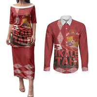 Tonga Rugby Custom Couples Matching Puletasi and Long Sleeve Button Shirt 2026 Go Ikale Tahi Ngatu Pattern LT14 Red - Polynesian Pride