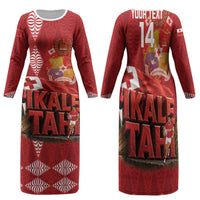 Tonga Rugby Custom Family Matching Long Sleeve Bodycon Dress and Hawaiian Shirt 2026 Go Ikale Tahi Ngatu Pattern LT14 Mom's Dress Red - Polynesian Pride