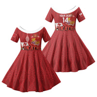 Tonga Rugby Custom Family Matching Off The Shoulder Long Sleeve Dress and Hawaiian Shirt 2026 Go Ikale Tahi Ngatu Pattern LT14 Daughter's Dress Red - Polynesian Pride
