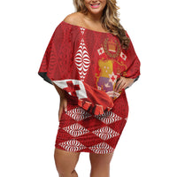 Tonga Rugby Custom Off Shoulder Short Dress 2026 Go Ikale Tahi Ngatu Pattern LT14 Women Red - Polynesian Pride
