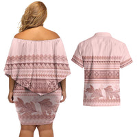 Pastel Pink Samoa Siapo Teuila Flowers Couples Matching Off Shoulder Short Dress and Hawaiian Shirt - Polynesian Pride
