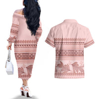 Pastel Pink Samoa Siapo Teuila Flowers Couples Matching Off The Shoulder Long Sleeve Dress and Hawaiian Shirt - Polynesian Pride