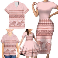 Pastel Pink Samoa Siapo Teuila Flowers Family Matching Short Sleeve Bodycon Dress and Hawaiian Shirt - Polynesian Pride