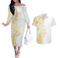 Polynesia White Sunday Couples Matching Off The Shoulder Long Sleeve Dress and Hawaiian Shirt Plumeria Polynesian Tribal Gold Color - Polynesian Pride