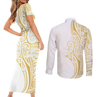 Polynesia White Sunday Couples Matching Short Sleeve Bodycon Dress and Long Sleeve Button Shirt Plumeria Polynesian Tribal Gold Color - Polynesian Pride
