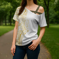 Polynesia White Sunday Cross Shoulder Shirt Plumeria Polynesian Tribal Gold Color - Polynesian Pride