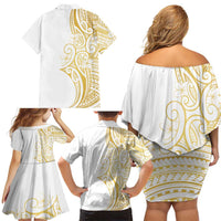 Polynesia White Sunday Family Matching Off Shoulder Short Dress and Hawaiian Shirt Plumeria Polynesian Tribal Gold Color - Polynesian Pride