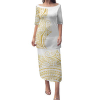 Polynesia White Sunday Family Matching Puletasi and Hawaiian Shirt Plumeria Polynesian Tribal Gold Color - Polynesian Pride