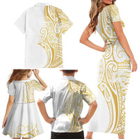 Polynesia White Sunday Family Matching Short Sleeve Bodycon Dress and Hawaiian Shirt Plumeria Polynesian Tribal Gold Color - Polynesian Pride