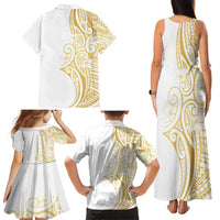 Polynesia White Sunday Family Matching Tank Maxi Dress and Hawaiian Shirt Plumeria Polynesian Tribal Gold Color - Polynesian Pride