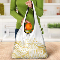 Polynesia White Sunday Grocery Bag Plumeria Polynesian Tribal Gold Color - Polynesian Pride