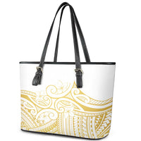 Polynesia White Sunday Leather Tote Bag Plumeria Polynesian Tribal Gold Color - Polynesian Pride
