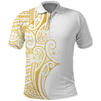Polynesia White Sunday Polo Shirt Plumeria Polynesian Tribal Gold Color - Polynesian Pride