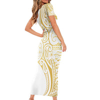 Polynesia White Sunday Short Sleeve Bodycon Dress Plumeria Polynesian Tribal Gold Color - Polynesian Pride