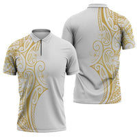 Polynesia White Sunday Zipper Polo Shirt Plumeria Polynesian Tribal Gold Color - Polynesian Pride