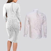 Polynesia White Sunday Couples Matching Long Sleeve Bodycon Dress and Long Sleeve Button Shirt Plumeria Polynesian Tribal Grey Color - Polynesian Pride