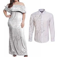 Polynesia White Sunday Couples Matching Off Shoulder Maxi Dress and Long Sleeve Button Shirt Plumeria Polynesian Tribal Grey Color - Polynesian Pride