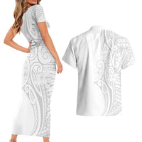 Polynesia White Sunday Couples Matching Short Sleeve Bodycon Dress and Hawaiian Shirt Plumeria Polynesian Tribal Grey Color - Polynesian Pride