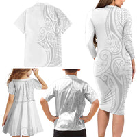 Polynesia White Sunday Family Matching Long Sleeve Bodycon Dress and Hawaiian Shirt Plumeria Polynesian Tribal Grey Color - Polynesian Pride