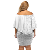 Polynesia White Sunday Off Shoulder Short Dress Plumeria Polynesian Tribal Grey Color - Polynesian Pride