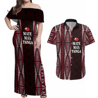 Tonga Rugby Personalised Couples Matching Off Shoulder Maxi Dress and Hawaiian Shirt 2025 Mate Maa Tonga Ngatu Motif - Polynesian Pride