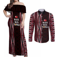 Tonga Rugby Personalised Couples Matching Off Shoulder Maxi Dress and Long Sleeve Button Shirt 2025 Mate Maa Tonga Ngatu Motif - Polynesian Pride