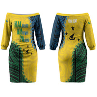 Personalised Malampa Province Vanuatu Couples Matching Off The Shoulder Long Sleeve Dress and Hawaiian Shirt Map With Polynesian Pattern LT14 - Polynesian Pride