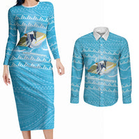 Aloha Hawaii Humuhumu Reef Triggerfish Couples Matching Long Sleeve Bodycon Dress and Long Sleeve Button Shirt Hawaiian Leis Kakau Pattern LT14 Blue - Polynesian Pride