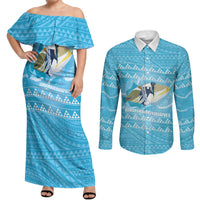 Aloha Hawaii Humuhumu Reef Triggerfish Couples Matching Off Shoulder Maxi Dress and Long Sleeve Button Shirt Hawaiian Leis Kakau Pattern LT14 Blue - Polynesian Pride