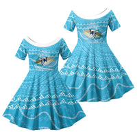 Aloha Hawaii Humuhumu Reef Triggerfish Family Matching Off Shoulder Maxi Dress and Hawaiian Shirt Hawaiian Leis Kakau Pattern LT14 Daughter's Dress Blue - Polynesian Pride
