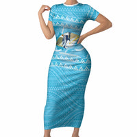 Aloha Hawaii Humuhumu Reef Triggerfish Short Sleeve Bodycon Dress Hawaiian Leis Kakau Pattern LT14 Long Dress Blue - Polynesian Pride