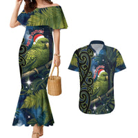 New Zealand Christmas Couples Matching Mermaid Dress and Hawaiian Shirt Cute Kakapo Meri Kirihimete Maori Koru LT14 Blue - Polynesian Pride