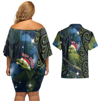 New Zealand Christmas Couples Matching Off Shoulder Short Dress and Hawaiian Shirt Cute Kakapo Meri Kirihimete Maori Koru LT14 - Polynesian Pride