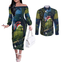 New Zealand Christmas Couples Matching Off The Shoulder Long Sleeve Dress and Long Sleeve Button Shirt Cute Kakapo Meri Kirihimete Maori Koru LT14 Blue - Polynesian Pride