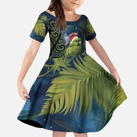New Zealand Christmas Family Matching Mermaid Dress and Hawaiian Shirt Cute Kakapo Meri Kirihimete Maori Koru LT14 Daughter's Dress Blue - Polynesian Pride