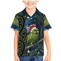 New Zealand Christmas Family Matching Mermaid Dress and Hawaiian Shirt Cute Kakapo Meri Kirihimete Maori Koru LT14 Son's Shirt Blue - Polynesian Pride