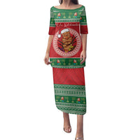 Personalized Hawaii Christmas Family Matching Puletasi and Hawaiian Shirt Tiki Santa Mele Kalikimaka LT14 Mom's Dress Red - Polynesian Pride