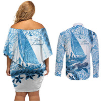 New Zealand Saling Couples Matching Off Shoulder Short Dress and Long Sleeve Button Shirt Aotearoa Yacht Racing - Born To Sail