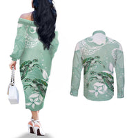Happy Valentine's Day Polynesia Couples Matching Off The Shoulder Long Sleeve Dress and Long Sleeve Button Shirt SeaTurtle Couple Polynesian - Green Lester Color